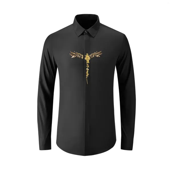 Camisas casuales para hombres Joyería de lujo de alta calidad Top Shirt Long Slim Black Crown Bird