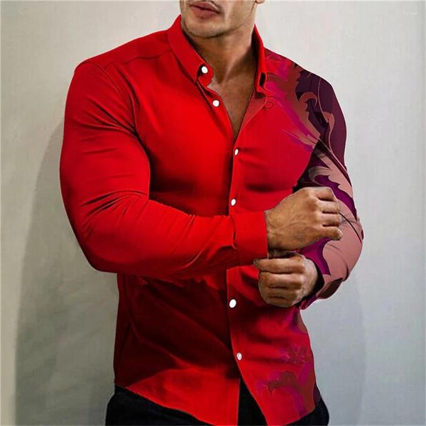 Camisas casuales para hombres de alta calidad de lujo de lujo moda social rojo azul flor impresión polo botón diseñador camisa de manga larga