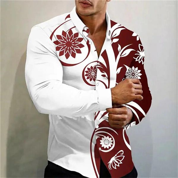 Camisas casuales para hombres de alta calidad de lujo de lujo moda de fiesta social estampado de flores polo de un solo pecho diseñador de traje camisa de manga larga