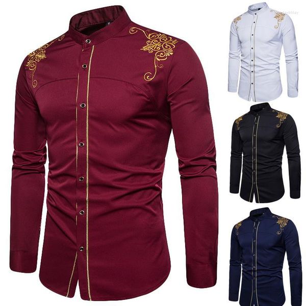 Camisas casuales para hombres Camisa de cuello alto para hombres de alta calidad Corte bordado de manga larga Tops de moda Western Denim