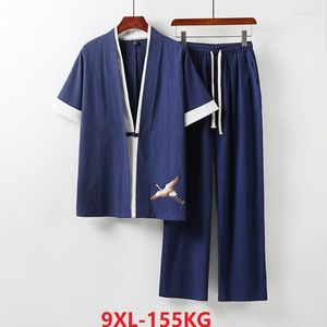Camisas informales para hombre de alta calidad de verano de estilo chino de manga corta y pantalones de lino para hombre de talla grande traje Tang bordado Vintage de gran tamaño