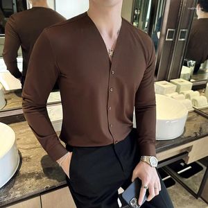 Chemises décontractées pour hommes Chemise de gaufre de haute qualité pour hommes à manches longues col en V Slim Business Robe formelle Banquet social Tops Vêtements