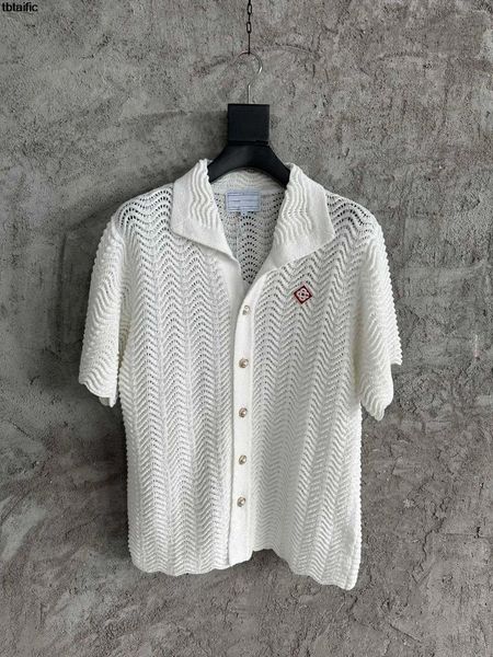 Camisas casuales para hombres de alta calidad blanco hueco vuelta dow collar manga corta 2023 vintage verano ola punto suéter camisa tops mujeres