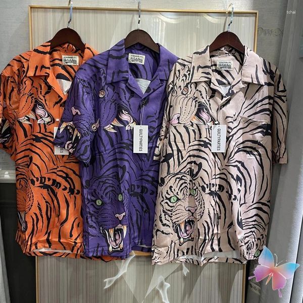 Chemises décontractées pour hommes High Street Wacko Maria Chemise Creative Tiger Imprimer T-shirt Revers Qualité Hommes Femmes Bouton à manches courtes Cardigan