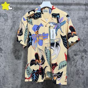 Chemises décontractées pour hommes Hip Hop Hawaii Beach Style manches courtes revers hommes femmes haute qualité fleurs pleine impression Wacko Maria jaune