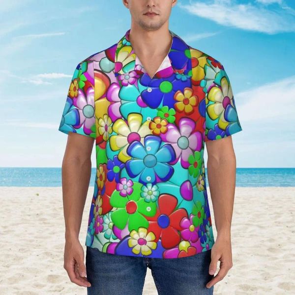 Camisas casuales para hombres Hippie Retro Peace Hawaii Shirt Playa masculina Estampado de flores coloridas Mangas cortas Blusas de gran tamaño con estilo