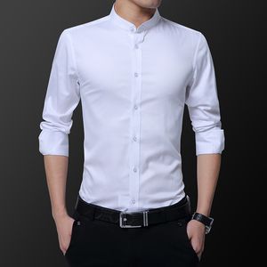 Casual shirts voor heren hipster ontwerp kraagloos shirt voor mannen casual 100% katoenen zachte slanke fit lange mouw witte zwarte marine smoking tuxedo shirts 4xl 5xl 230321