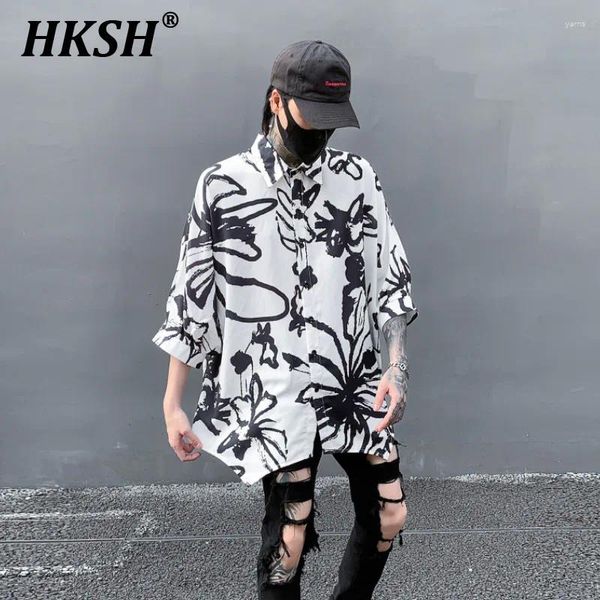Chemises décontractées pour hommes Hksh Summer Spring Tide Floral Floral Short Shirt Trend Ink Wash Printing Loose Punk Corée Chic HK0147