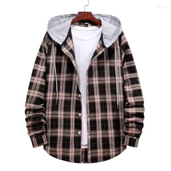 Chemises décontractées pour hommes Chemise à manches longues à capuche Hommes Femmes 2023 Haute Qualité Plaid Imprimé Couple Vêtements Hip Hop Streetwear Blouse Tops