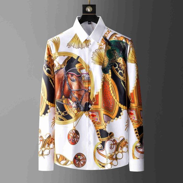 Camisas casuales para hombres camisa estampada de caballos vestidos de fiesta de club social para hombres rhinestones animales de lujo largos mouw camisa hombre camiseta hombres