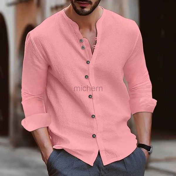 2B76 Chemises décontractées masculines New Mens Mens Cotton Linn Shirt Loose Forftom Casual Young Men Stand Collar Collier Couleur 240417