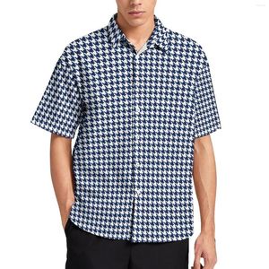 Casual shirts voor heren Houndstooth Beach Shirt Navy Blue Wit Hawaiiaanse mannen Y2K Blouses korte mouw aangepaste kleding Big Size 3xl 4xl