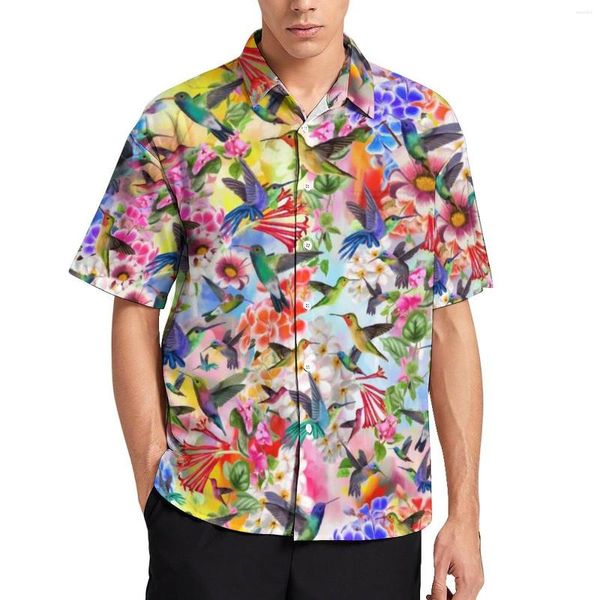 Camisas informales para hombre, camisa de vacaciones con pájaros colibríes, estampado de flores Retro, blusas hawaianas novedosas para hombres, Tops de manga corta con patrón de talla grande