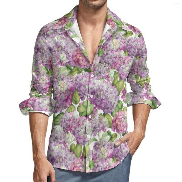 Chemises décontractées pour hommes Hortensia Floral Shirt Man Pink Lavender Print Spring Y2K Graphic Blouses Long Sleeve Cool Oversized Clothing Gift