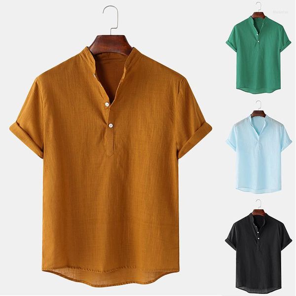 Chemises décontractées pour hommes ICCLEK 2022 été hommes coton et lin à manches courtes chemise couleur unie col montant plage hommes
