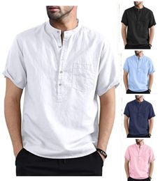 Chemises décontractées pour hommes ICCLEK Été Hommes Chemise à manches courtes Lin Coton Couleur Solide Sports Bouton Up Poitrine Poche Design Business Style
