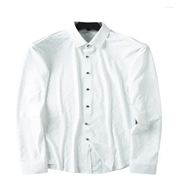 Camisas casuales para hombres Slip de seda de hielo - Summer Fino Waffle Camisa Blanca Manga larga Fit de negocios