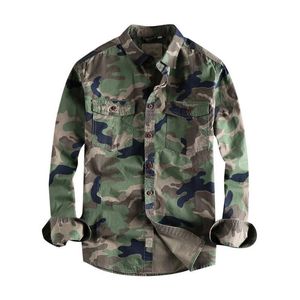 Camisas casuales para hombres Idopy Camuflaje Masculino Piloto Camisa Manga larga Patchwork Bolsillo Hombres Moda Ejército Estilo militar Tops para hombre