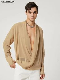 Camisas casuales para hombres INCERUN Tops 2023 Estilo americano Moda Rayas brillantes Pila Blusa Color sólido Cruz Manga larga S 5XL 231023