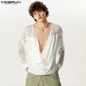 Chemises décontractées pour hommes Incerun Tops 2024 American Style Pile Up Collar Design Splicing Lace Blouse à manches longues masculines masculines S-5XL