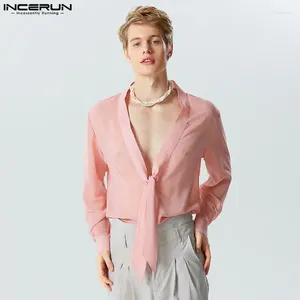 Chemises décontractées pour hommes Incerun Tops 2024 American Style Men Knot Neck See-Through Mesh Party Solid Sexy Long Mancheve Blouse S-5XL