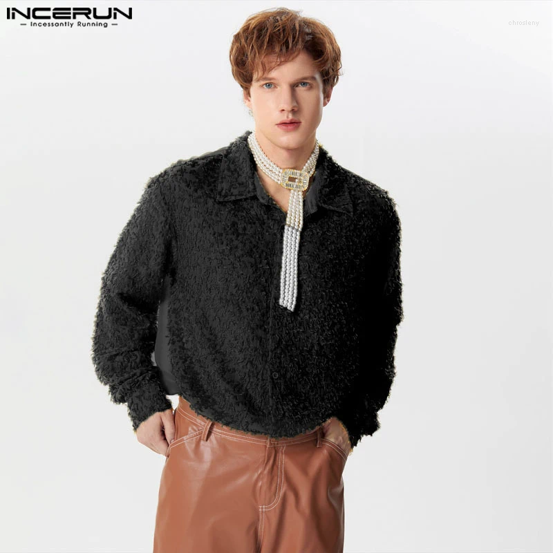 Koszule męskie Inderun Tops 2024 Style amerykański moda Plush Poschat Patchwork Mężczyzna Bluzka z długim rękawem S-5xl