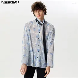 Casual shirts voor heren Incerun Tops 2024 Knappe print Chiffon enigszins transparante persoonlijkheid mannelijke man met lange mouwen blouse s-5xl