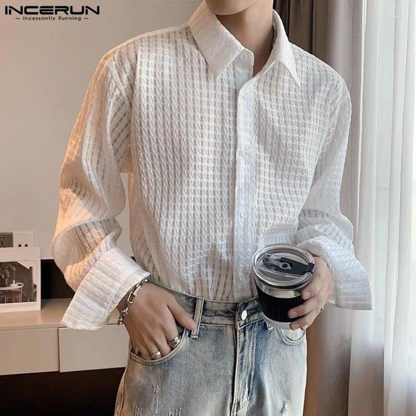 Chemises décontractées pour hommes Incerun Tops 2024 Fashion coréenne Plaid Micro See-Through Design Loissine Solide à manches longues Blouse S-5XL