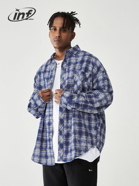 Chemises décontractées pour hommes Gonflage Brossé Check Hommes Bleu Plaid À Manches Longues Surdimensionné Mâle Plus Taille 230420