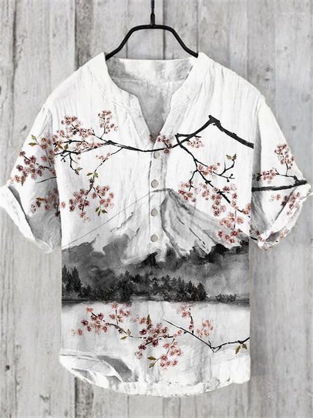 Chemises décontractées pour hommes encre cerise fleur de montagne de montagne Collier collout à manches à manches étrangères