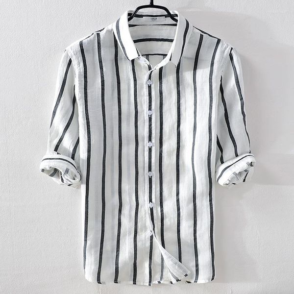 Camisas casuales para hombres Italia Marca Lino Camisa para hombres Moda Manga de tres cuartos Raya blanca Lino Turn-Down Collar Cómodo Camisa