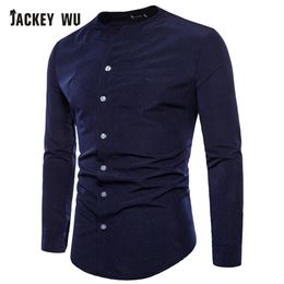 Chemises décontractées pour hommes Jackeywu Marque Hommes 2021 Mode coréenne sans col à manches longues Chemise Business Social Camisa Masculin2926