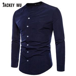 Chemises décontractées pour hommes Jackeywu Marque Hommes 2021 Mode coréenne sans col à manches longues Chemise Business Social Camisa Masculin2926