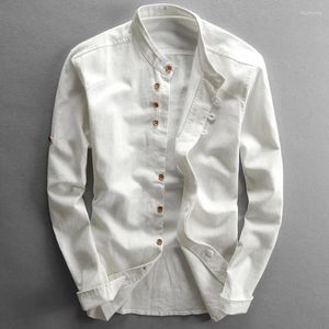 Chemises décontractées pour hommes Style japonais Chemise en coton en lin pour hommes Harajuku Col montant à manches longues Slim Fit Couleur unie Mâle Respirant Classique