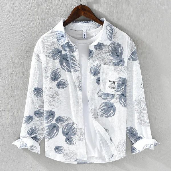 Camisas casuales para hombres Poliéster estampado de Japón para hombres 2024 Fashion de primavera Manga larga Blusa suelta Jóven