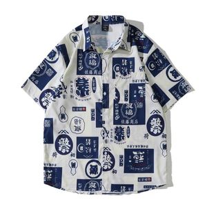 Casual shirts voor heren Japanse mode Chinees alfabet Prinded Hawaiiaanse shirt Men Bandana Herenkledingtrends Zomer Oversized strandmannen