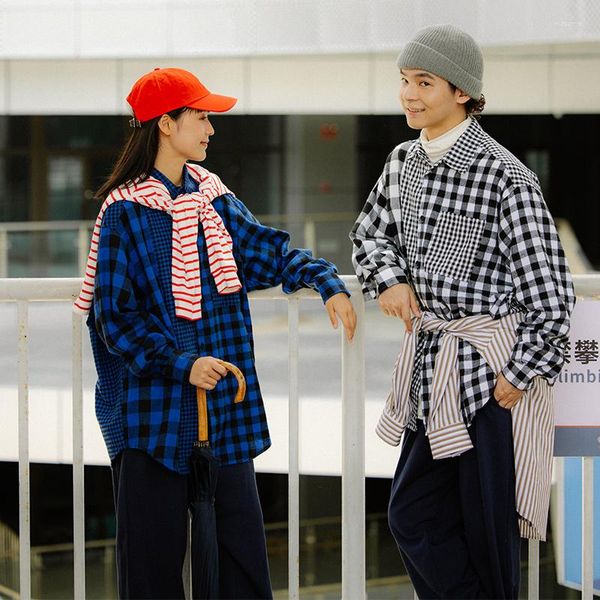 Chemises décontractées pour hommes Mode japonaise Splice Chemise à carreaux Hommes Femmes Streetwear Hip Hop Oversize Manches longues Lâche Couple Blouses Mâle