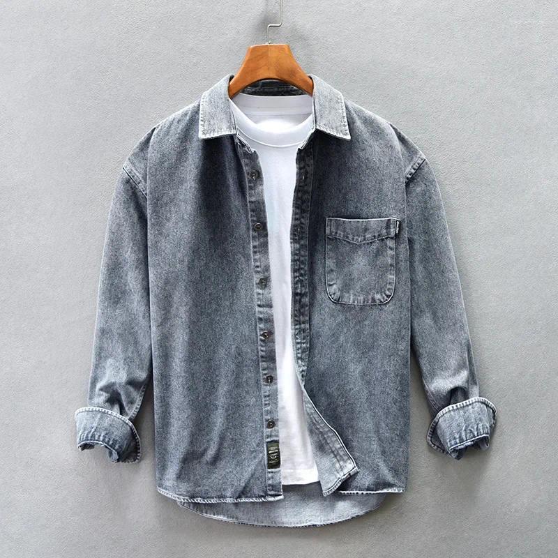 Men's Casual Shirts Japanese Harajuku Loose Fitting Denim Shirt 2024 Spring Solid Color Jacket City Boy Designer Clothing