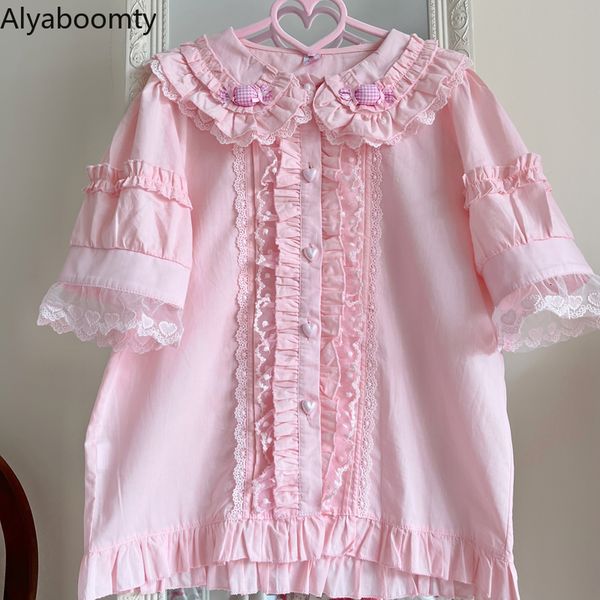 Chemises décontractées pour hommes Japonais Style Lolita Femmes Blouse mignon Peter Pan collier blanc rose bleu JSK Candy Blusas Lace Ruffles Kawaii Princess Shirt 230802