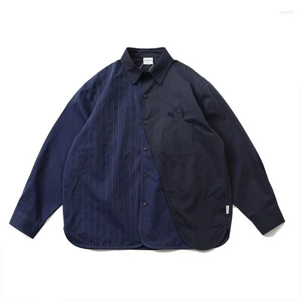 Camisas informales para hombre, estilo holgado japonés, camisa cosida falsa de dos piezas, chaqueta para hombre y mujer, abrigo de algodón azul marino de manga larga