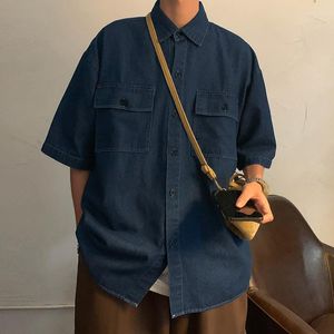 Casual overhemden voor heren Japanse retro denim overhemd met korte mouwen Zomer werkkleding Losse High Street Knappe mannelijke kleding met halve mouwen