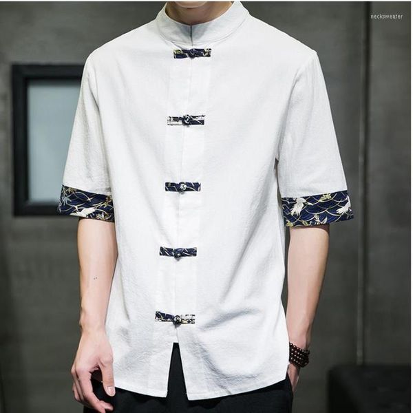 Chemises décontractées pour hommes japonais rétro Kimono chemise imprimé chinois coton lin couture hauts à manches courtes été Streetwear
