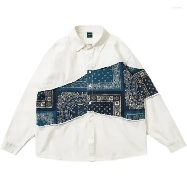 Chemises décontractées pour hommes Japonais Rétro National Style Automne Bleu Cashew Fleur Imprimer Couture À Manches Longues Blanc Lâche Chemise Manteau