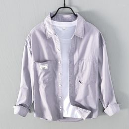 Camisas casuais masculinas japonesas com ferramentas simples cor sólida camisa de manga comprida para homens retrô bolso grande jaqueta de algodão roupas masculinas