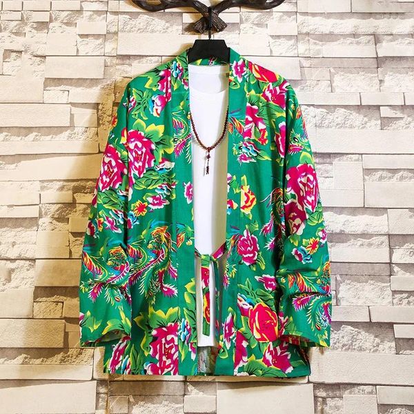 Chemises décontractées pour hommes de style japonais fleur de samurai fleur kimono timire imprimée asiatique à manches courtes harajuku 3/4 vêtements hawaïens