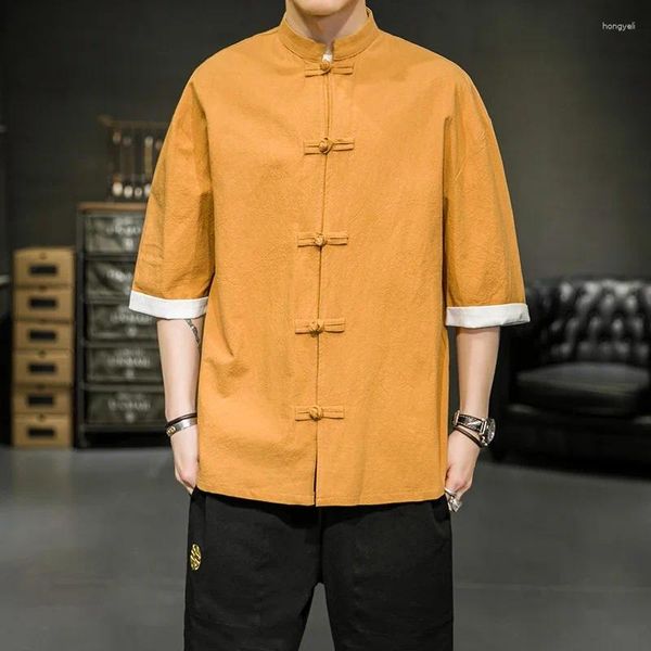 Camisas casuales para hombres Camisa de estilo japonés Verano Chino Stand Up Collar Yukata Kimono Samurai Use Color Bloqueo Camiseta Hanbok Abrigo