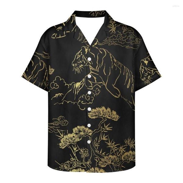 Camisas casuales para hombres Estilo japonés Tigre Negro Patrón dorado Tops cómodos para hombres Buena calidad Ropa personalizada Fiesta en la playa para vacaciones