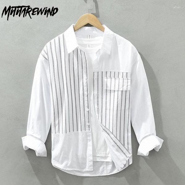 Chemises décontractées pour hommes Shirts blancs de style japonais Men Spring Street causal Patchwork Striped Designer Youth Fashion Clothing