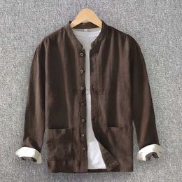 Chemises décontractées pour hommes styles japonais pour hommes en coton en lin à manches longues à manches longues HARAJUKU BOST-DOWN DOWT Collar plage avec doubles poches 240416
