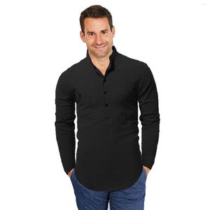 Casual shirts voor heren jumpsuit mannen mouw mannelijke blouse tops linnen v vast katoenen shirt nek lange zak met borst warmte